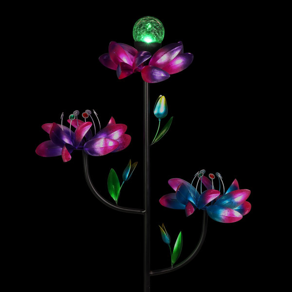 Exhart Triple Kinetic Flower Wind Spinner Garden Stake With Solar Color Changing Crackle Ball & Reviews